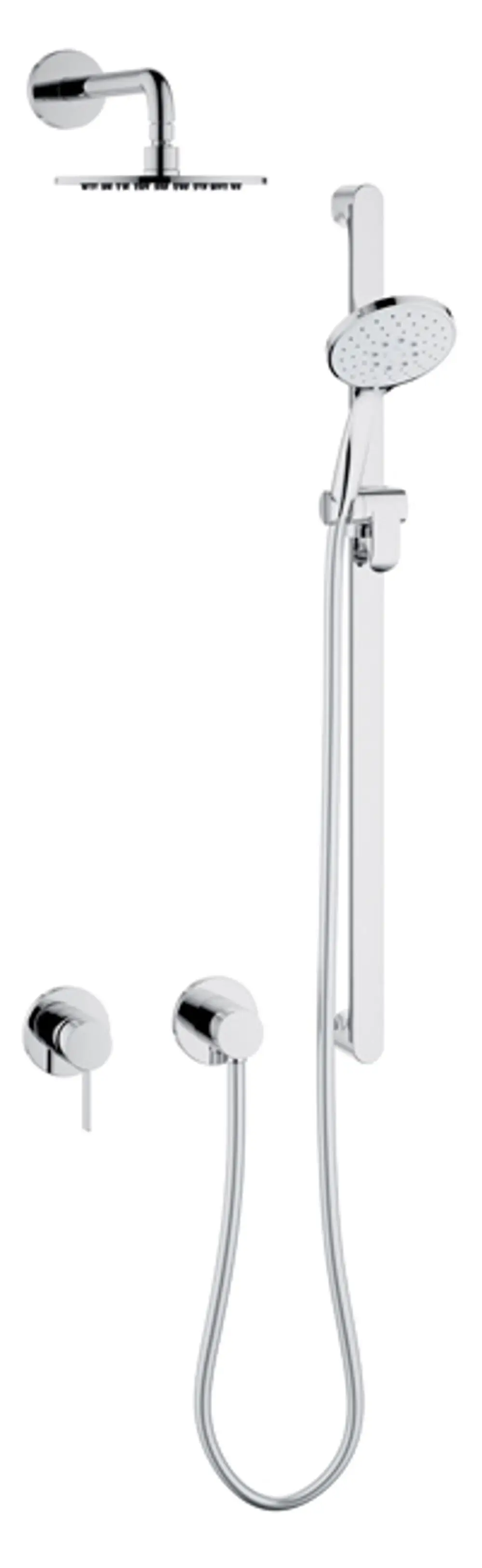 Brause-Set von Keuco mit zwei Verbrauchern, verchromtem Design und runden Elementen. Enthält eine Kopf- und Handbrause sowie passende Bedienelemente.